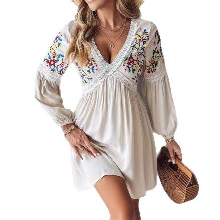 Damen Luftiges Sommerkleid mit besticktem V-Ausschnitt und langen Ärmeln Drune