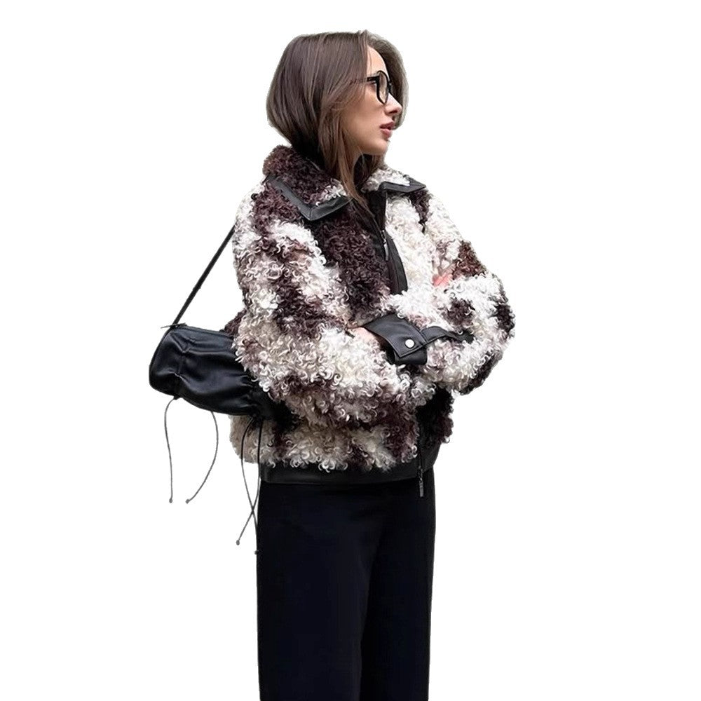 Damen Kurzblouson aus lockigem Bouclé‑Fauxfur mit Lederoptik‑Besatz Drune