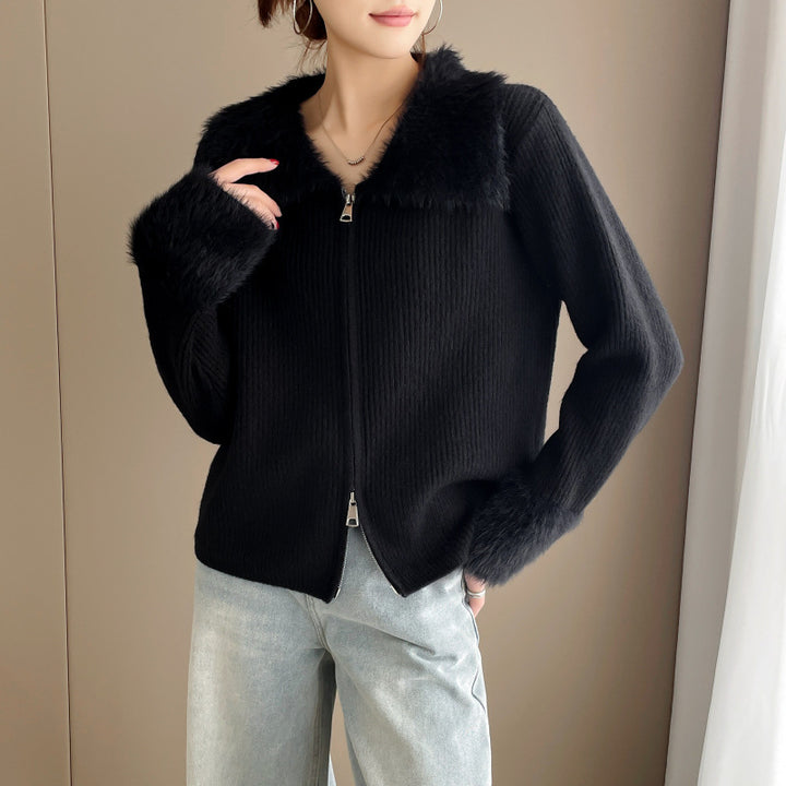 Damen Strickjacke mit luxuriösem Kunstfellkragen und Rippstrick Drune