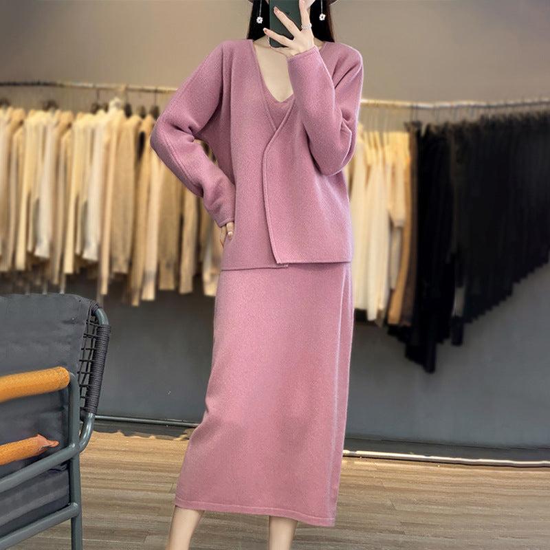 Damen gemustertes Strickkleid mit V-Ausschnitt und lässigem Schnitt Drune