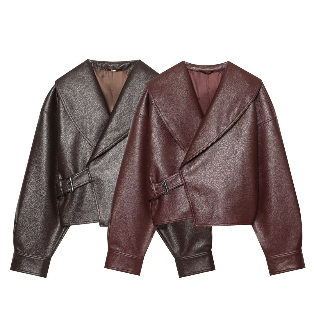 Damen Kurzer Kunstlederblouson mit weitem Schalkragen und Taillenriegel Drune