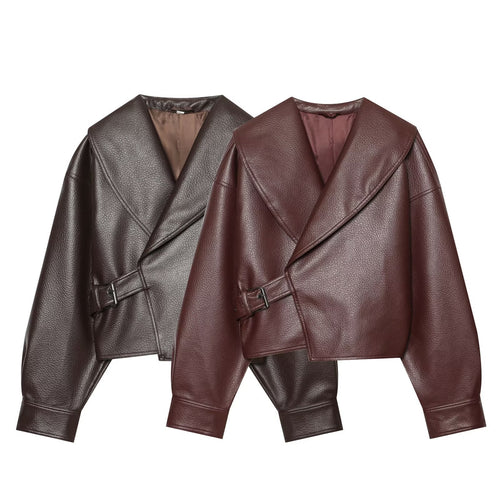 Damen Kurzer Kunstlederblouson mit weitem Schalkragen und Taillenriegel Drune