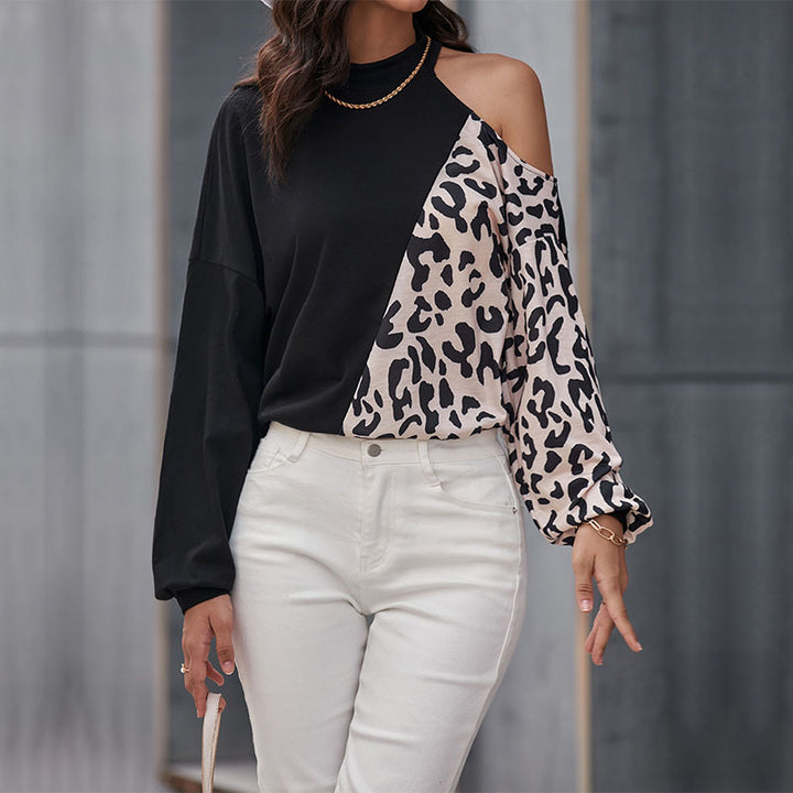 Damen Schulterfreies Sweatshirt mit Leoparden-Panel und Stehkragen Drune