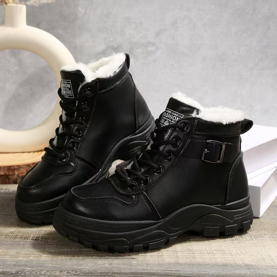 Damen  gefütterte Plateau-Schnürstiefelette mit dekorativer Metallschnalle und profilierter Gummilaufsohle Drune