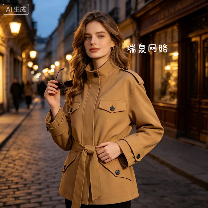 Damen Kurze Utility-Jacke mit Taillengürtel und Schulterklappen Drune