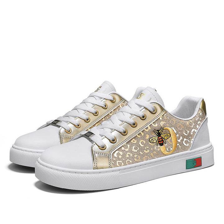 Damen verzierte Low-Top Sneaker mit Bienen-Stickerei und goldener Animal-Print-Optik Drune