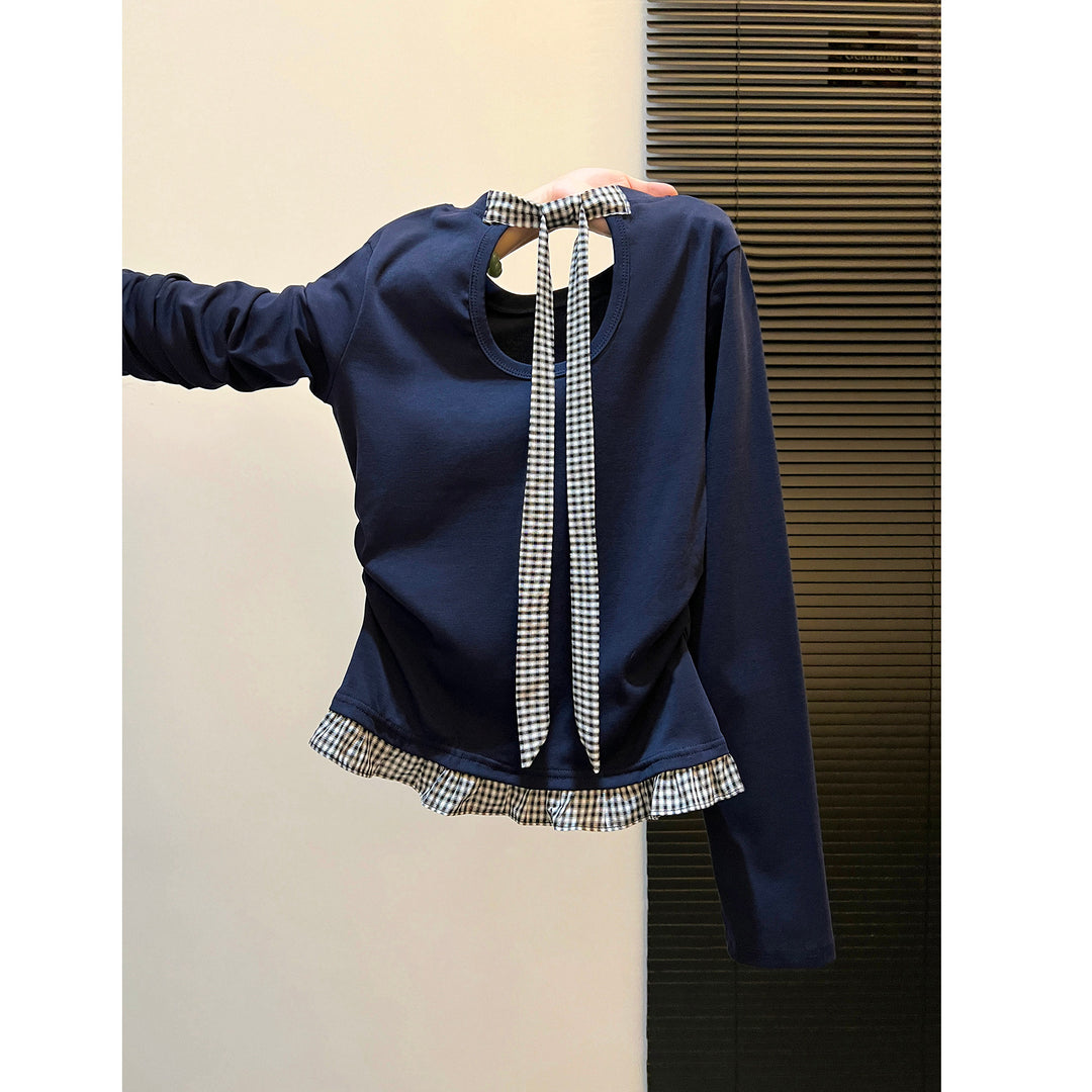 Damen Langarmshirt mit asymmetrischem Rüschenrand und dekorativem Rückenteil Drune