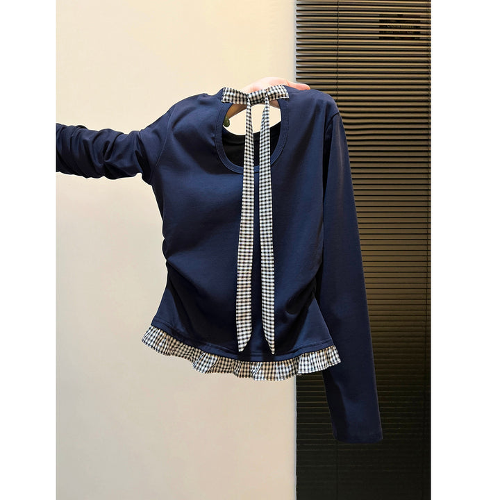 Damen Langarmshirt mit asymmetrischem Rüschenrand und dekorativem Rückenteil Drune