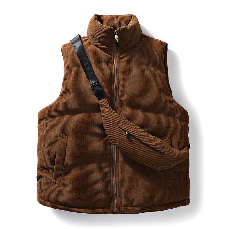 Herren Gepolsterte Feincord-Steppweste mit hohem Stehkragen und integrierter Crossbody-Gürteltasche Drune