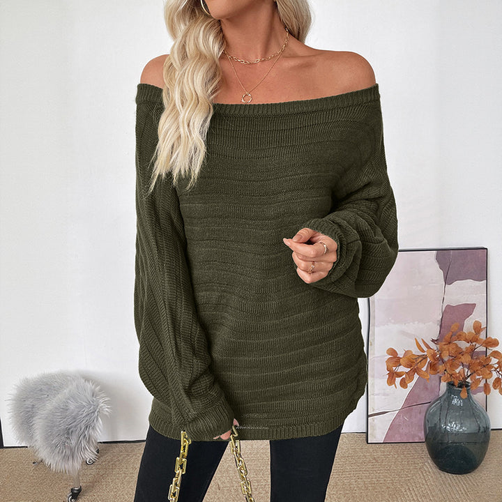 Damen Oversize Off-Shoulder Grobstrick-Tunika mit überschnittener Schulter und Ballonärmeln Drune