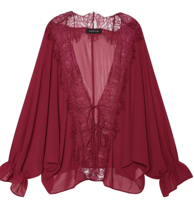 Damen Transparenter Chiffonkimono mit Spitzenbesatz und Volumenärmeln Drune