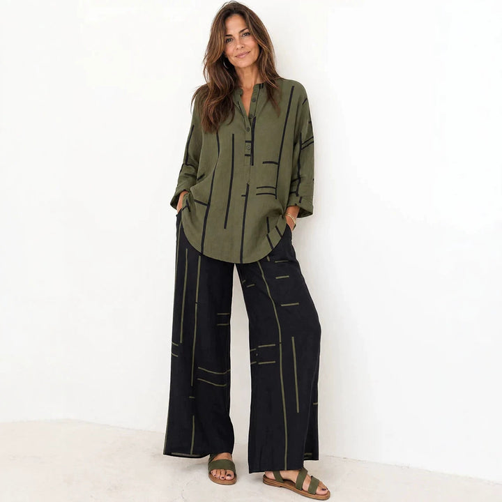 Damen Lockeres Hemdblusen- und Palazzo-Hose-Set aus Leinenoptik Drune