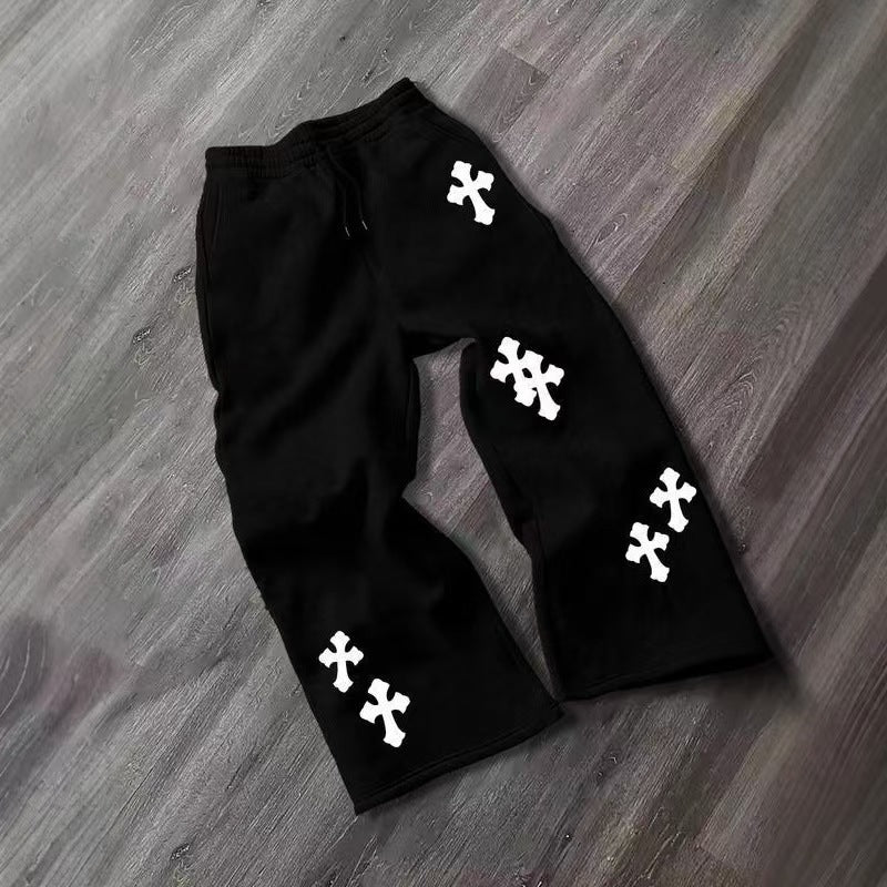 Herren Weite Sweatpants mit Gothic-Kreuz-Print, Tunnelzug & Tiefer Schritt Drune