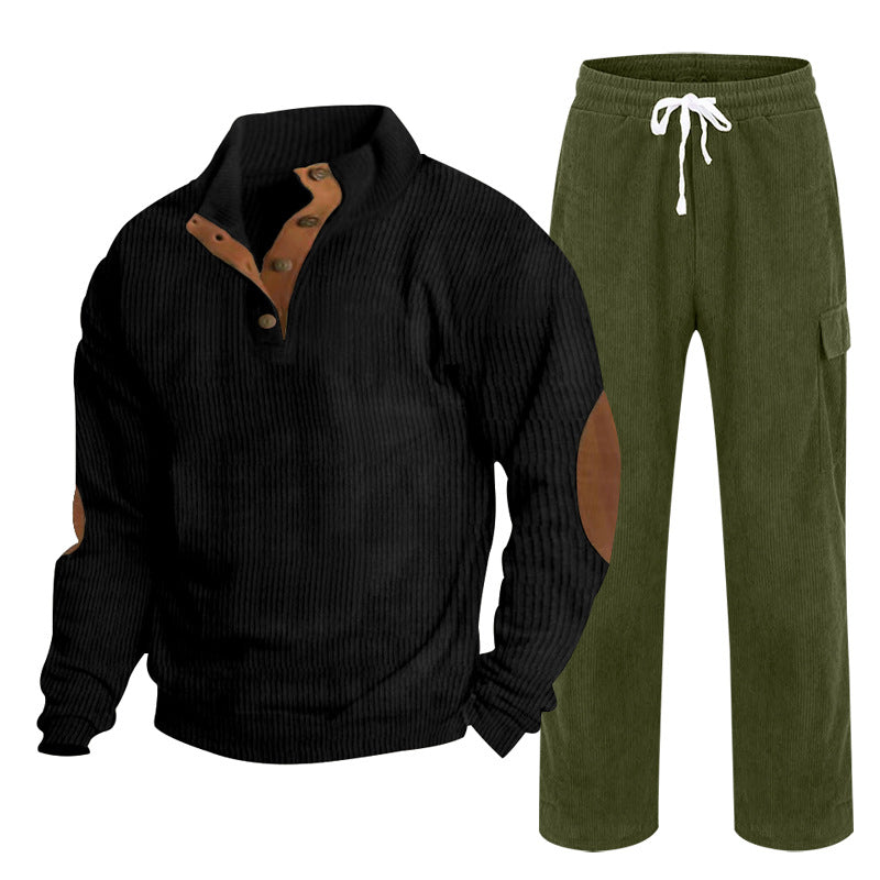 Herren Gemütliches Freizeit-Set aus Waffelstrick-Henley mit Ellenbogenpatch und Relax-Cargo-Hose Drune