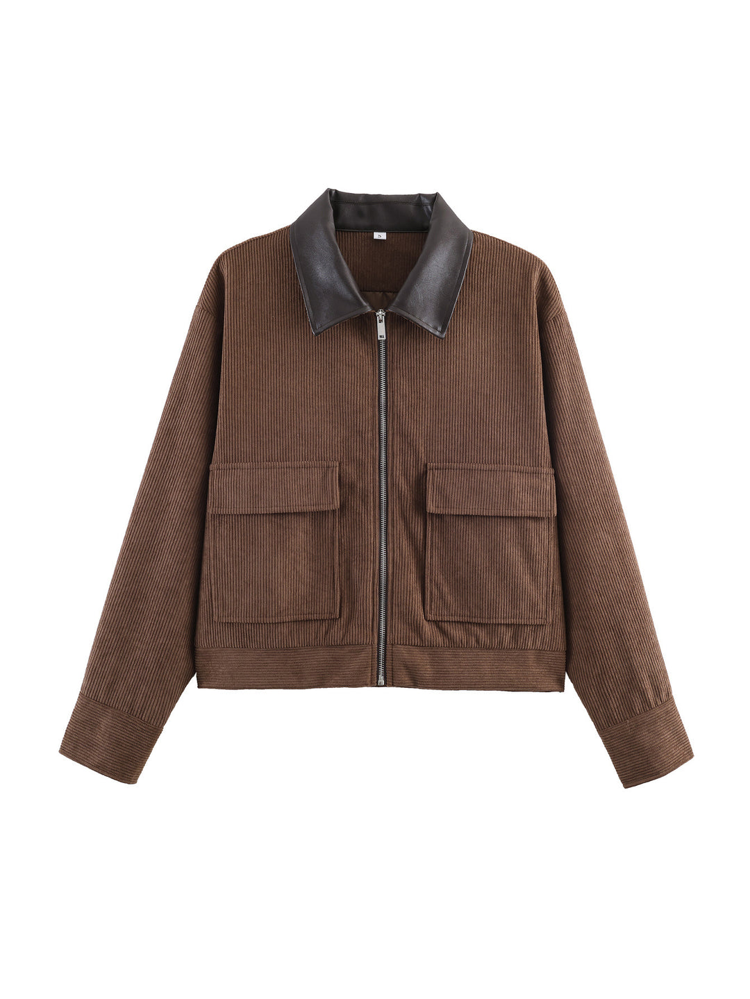 Damen Cropped-Kord-Strickjacke mit markanter Rippenstruktur, Kunstleder-Umlegekragen und Pattentaschen Drune