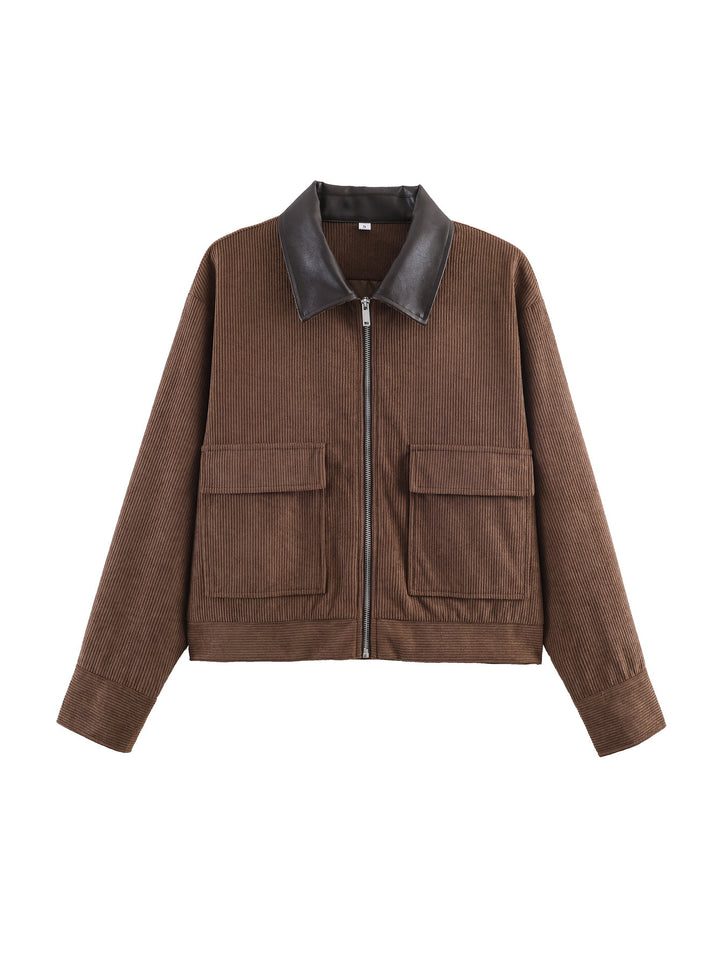 Damen Cropped-Kord-Strickjacke mit markanter Rippenstruktur, Kunstleder-Umlegekragen und Pattentaschen Drune