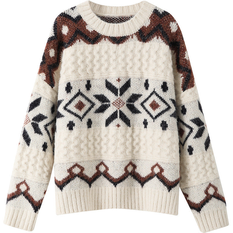 Damen Grobstrickpullover mit geometrischem Muster und Rundhalsausschnitt Drune