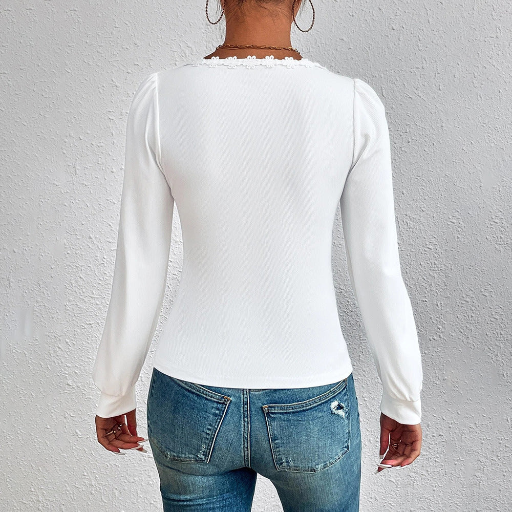 Damen Feinstrick-Bodyshirt mit herzförmigem Carmen-Ausschnitt Spitzenbordüre und leichten Puffärmeln Drune