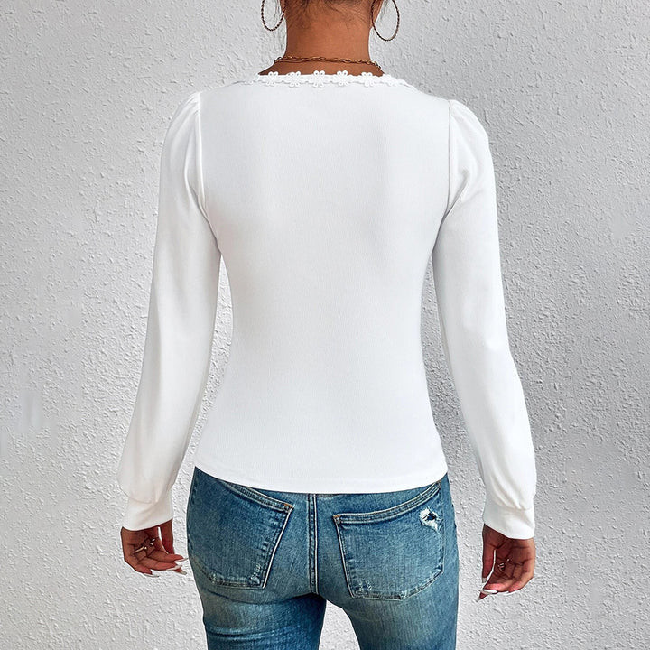 Damen Feinstrick-Bodyshirt mit herzförmigem Carmen-Ausschnitt Spitzenbordüre und leichten Puffärmeln Drune