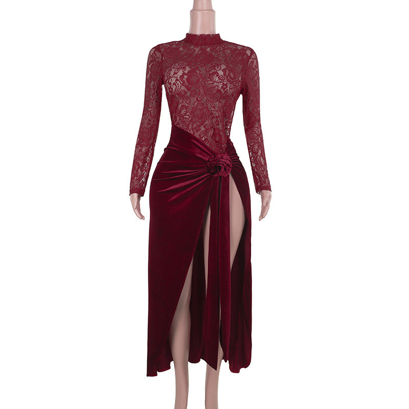 Damen Elegantes Maxi-Kleid mit Spitze und raffiniertem Taillengürtel Drune