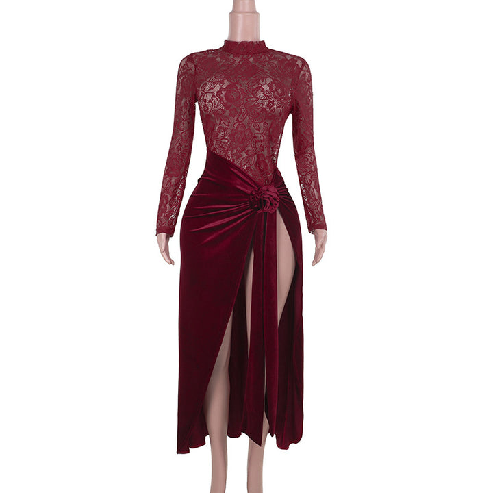 Damen Elegantes Maxi-Kleid mit Spitze und raffiniertem Taillengürtel Drune