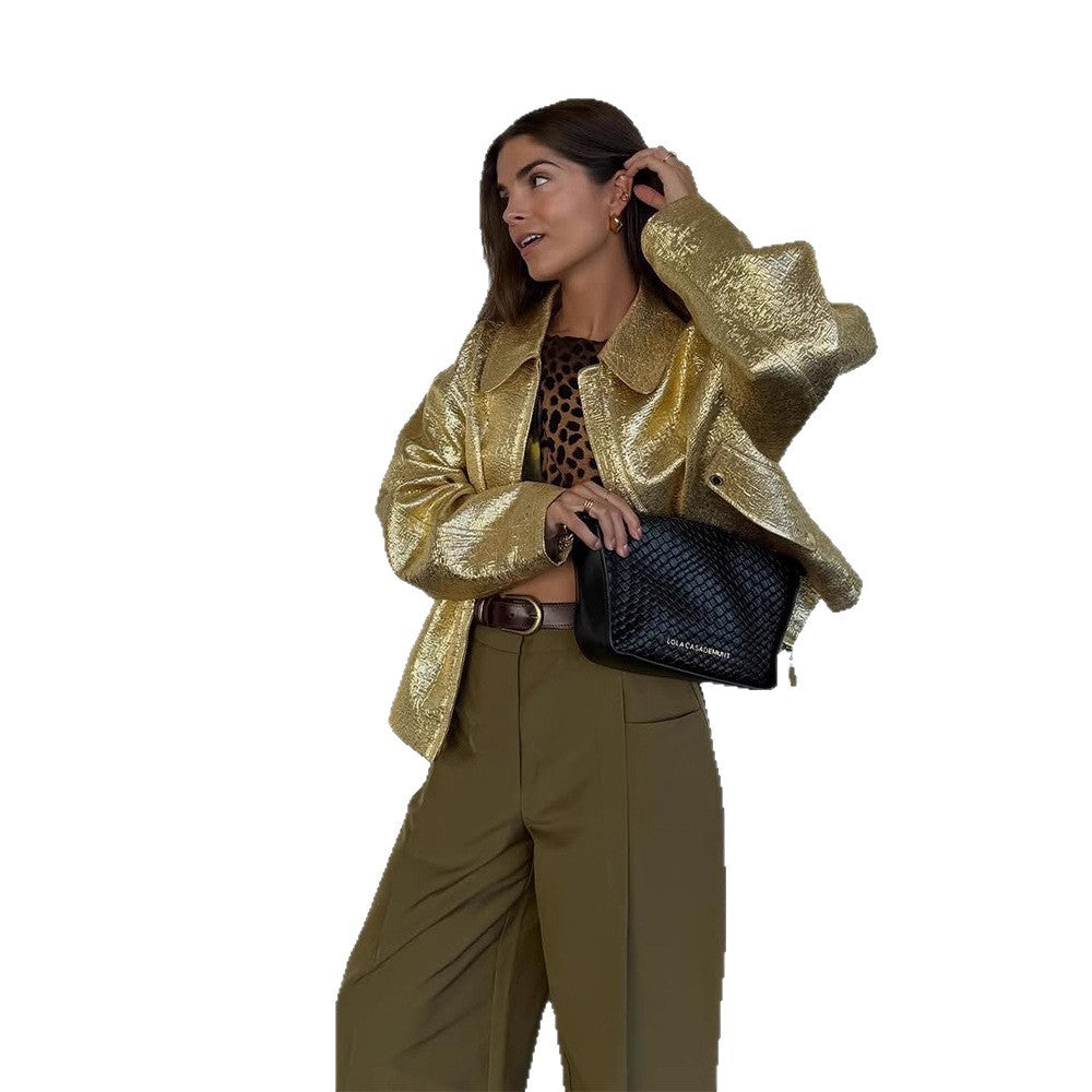 Damen Kurze strukturierte Metallic-Bomberjacke mit Boxy‑Silhouette Drune