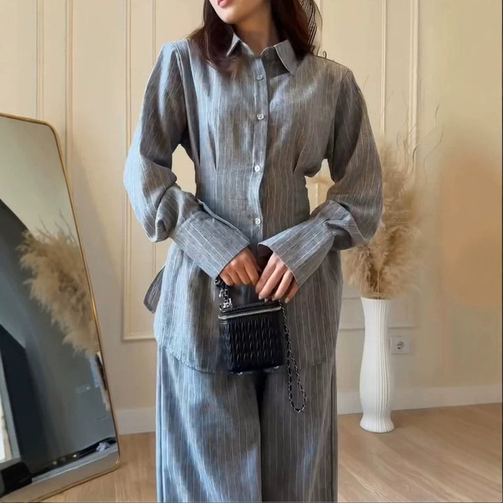 Damen Leichtes Leinen-Loungewear-Set mit Oversize-Hemd und weiter Bundhose Drune
