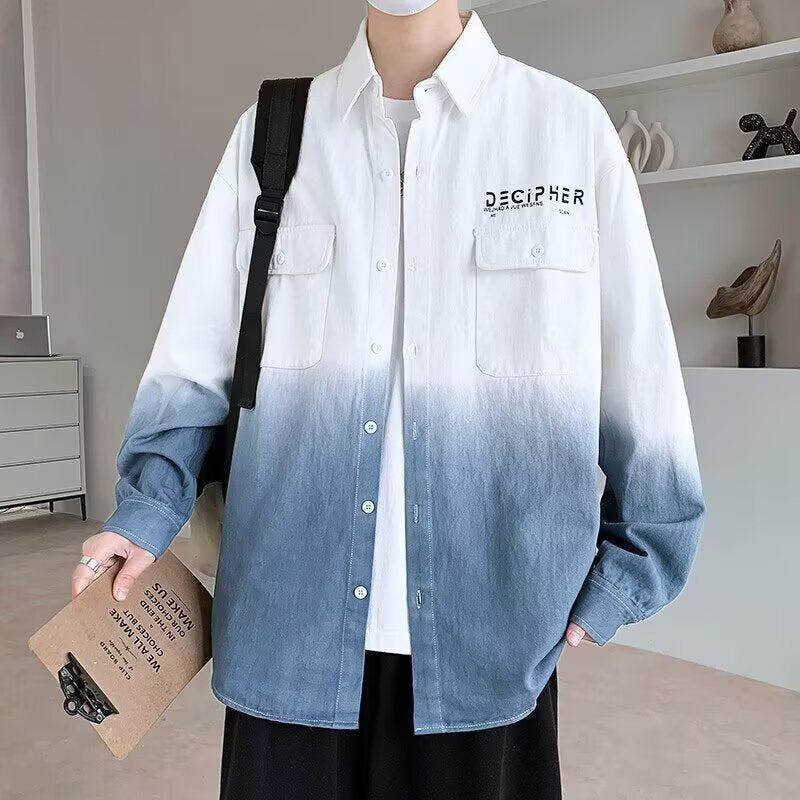 Herren Oversize Dip Dye Baumwollhemd mit Brusttaschen und Verlauffärbung Drune