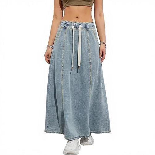 Damen Jeans-Midirock mit elastischem Tunnelzug Drune