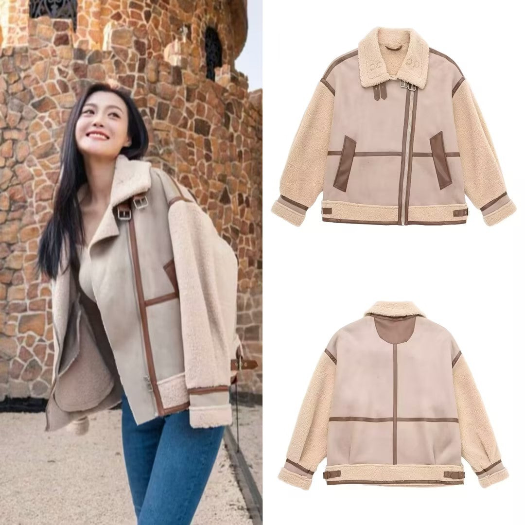 Damen Oversized Fliegerjacke mit Teddyfutter, asymmetrischem Reißverschluss und Kunstlederdetails Drune