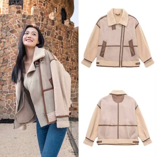 Damen Oversized Fliegerjacke mit Teddyfutter, asymmetrischem Reißverschluss und Kunstlederdetails Drune