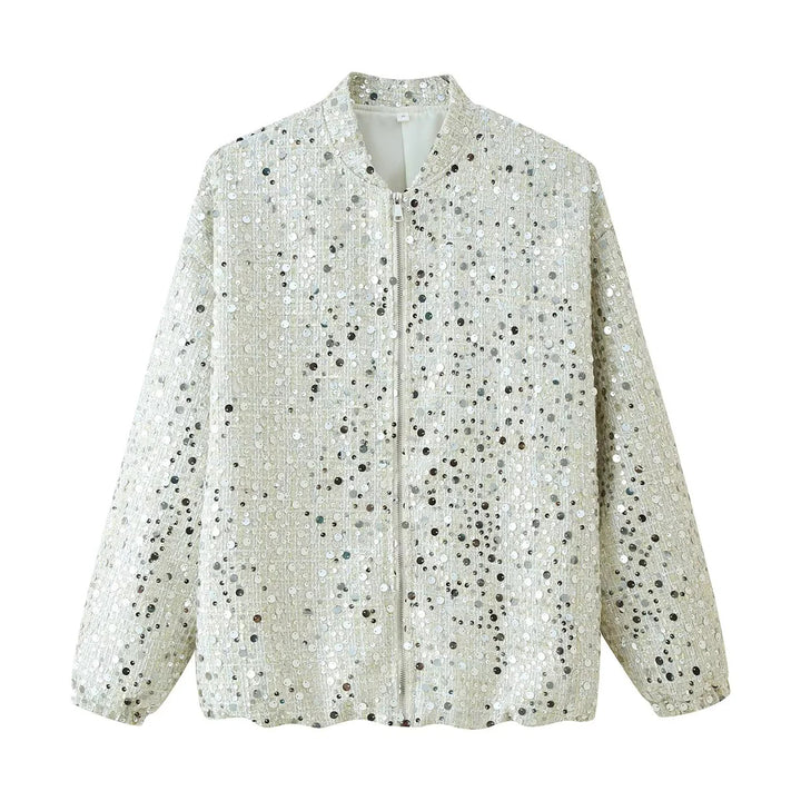 Damen nan schimmernde Pailletten-Boxy-Jacke mit Stehkragen, verdecktem Reißverschluss und elastischen Bündchen Drune