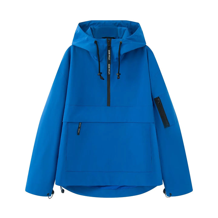 Damen nan winddichte Anorak-Pulloverjacke mit Kapuze, halbem Reißverschluss und großer Kängurutasche Drune