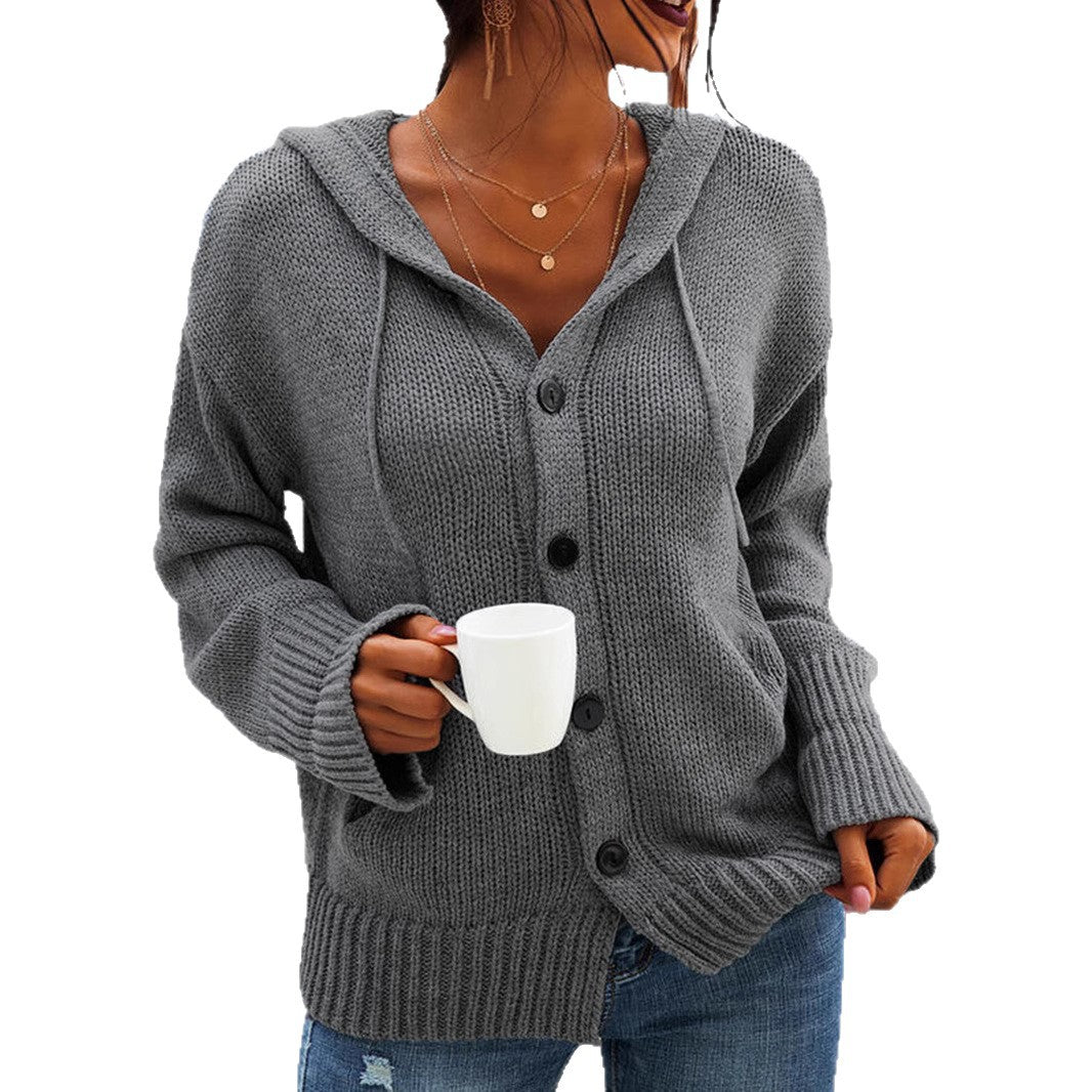 Damen Grobstrickcardigan mit Kapuze und großen Knöpfen Drune