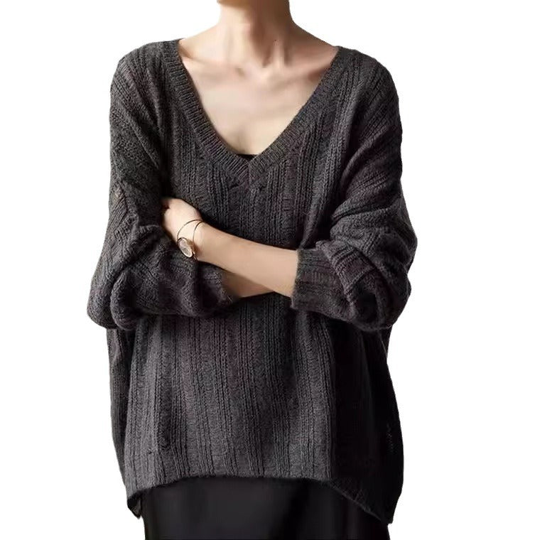 Damen Grobstrickpullover mit lässigem V-Ausschnitt und modischer Struktur Drune