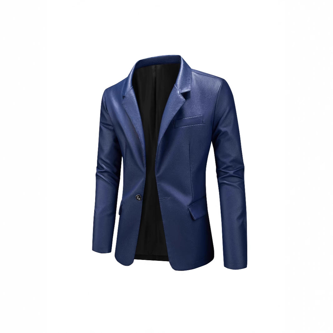 Herren Slim-Fit Ledersakko mit Ein-Knopf, klassischem Revers und Pattentaschen Drune