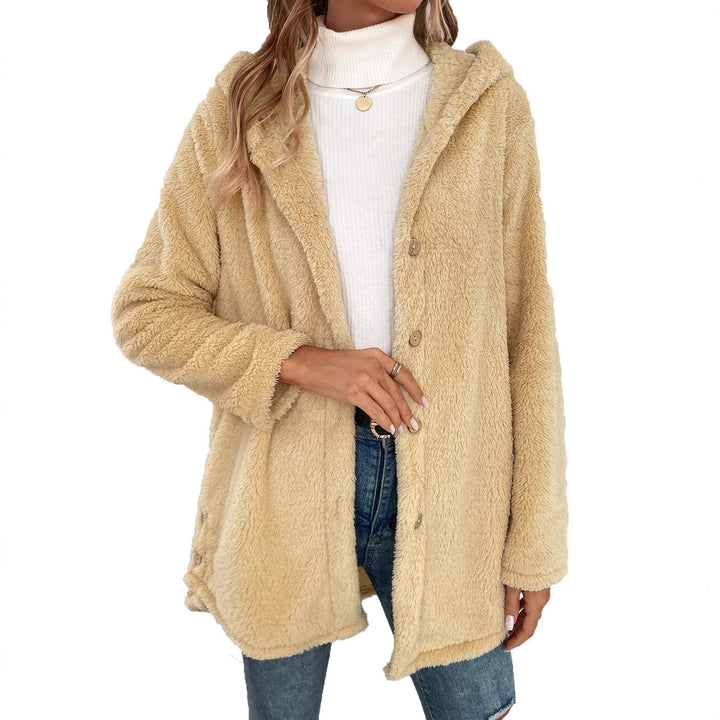 Damen flauschige Übergangsjacke mit Kapuze und Knopfverschluss Drune