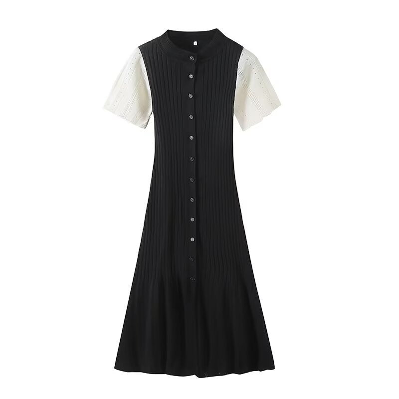 Damen knielanges Strickkleid mit eingeprägtem Muster und Knopfleiste Drune