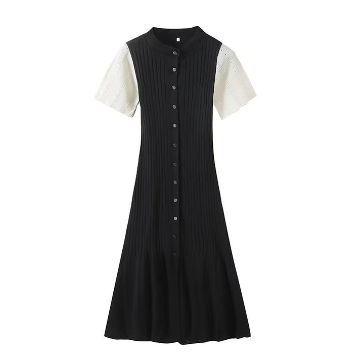 Damen knielanges Strickkleid mit eingeprägtem Muster und Knopfleiste Drune