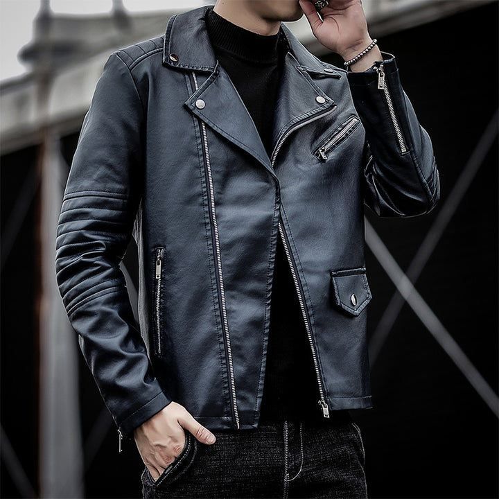 Herren schmal geschnittene Kunstleder-Motojacke mit gesteppter Schulter- und Ärmeldetail Drune