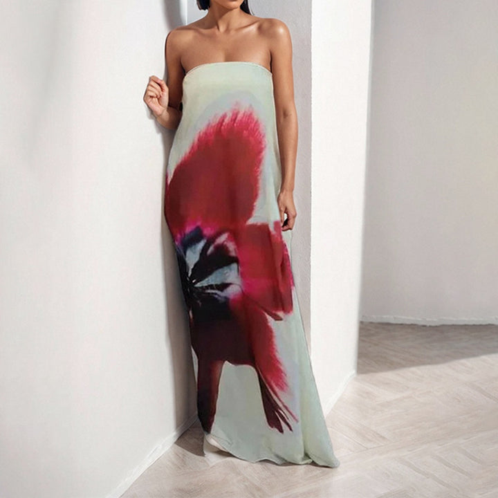 Damen Maxikleid mit schulterfreiem Design und floralen Akzenten Drune