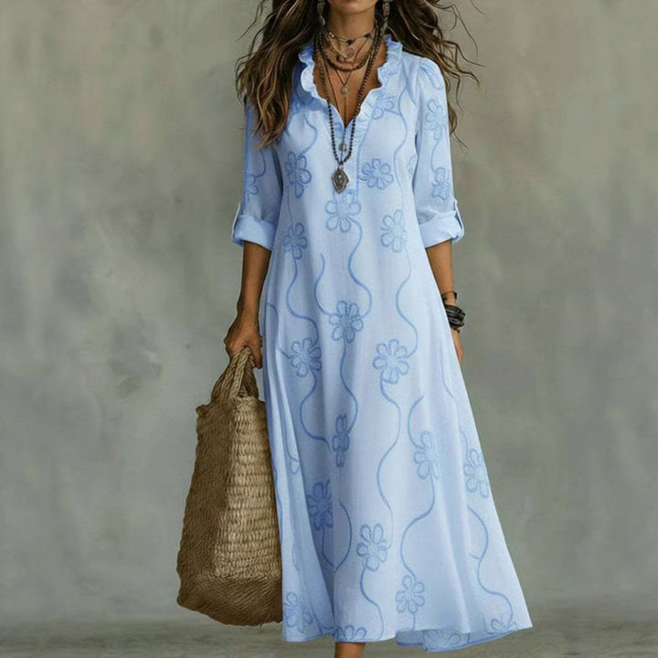 Damen Langes Boho-Maxikleid mit Blumenstickerei und V‑Ausschnitt Drune