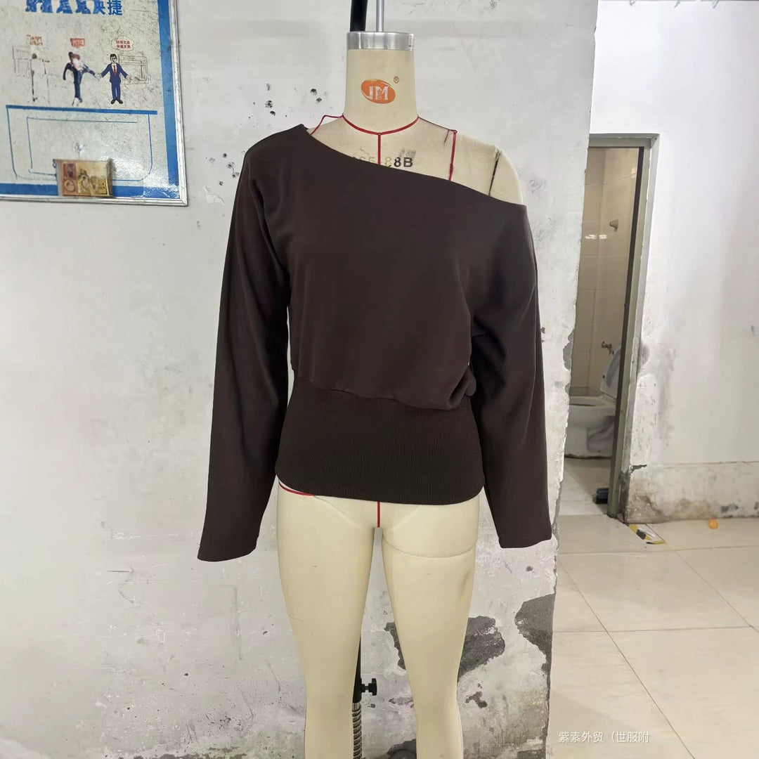 Damen Off-Shoulder Cropped Sweatshirt mit weitem Boot-Ausschnitt und Taillenbund Drune
