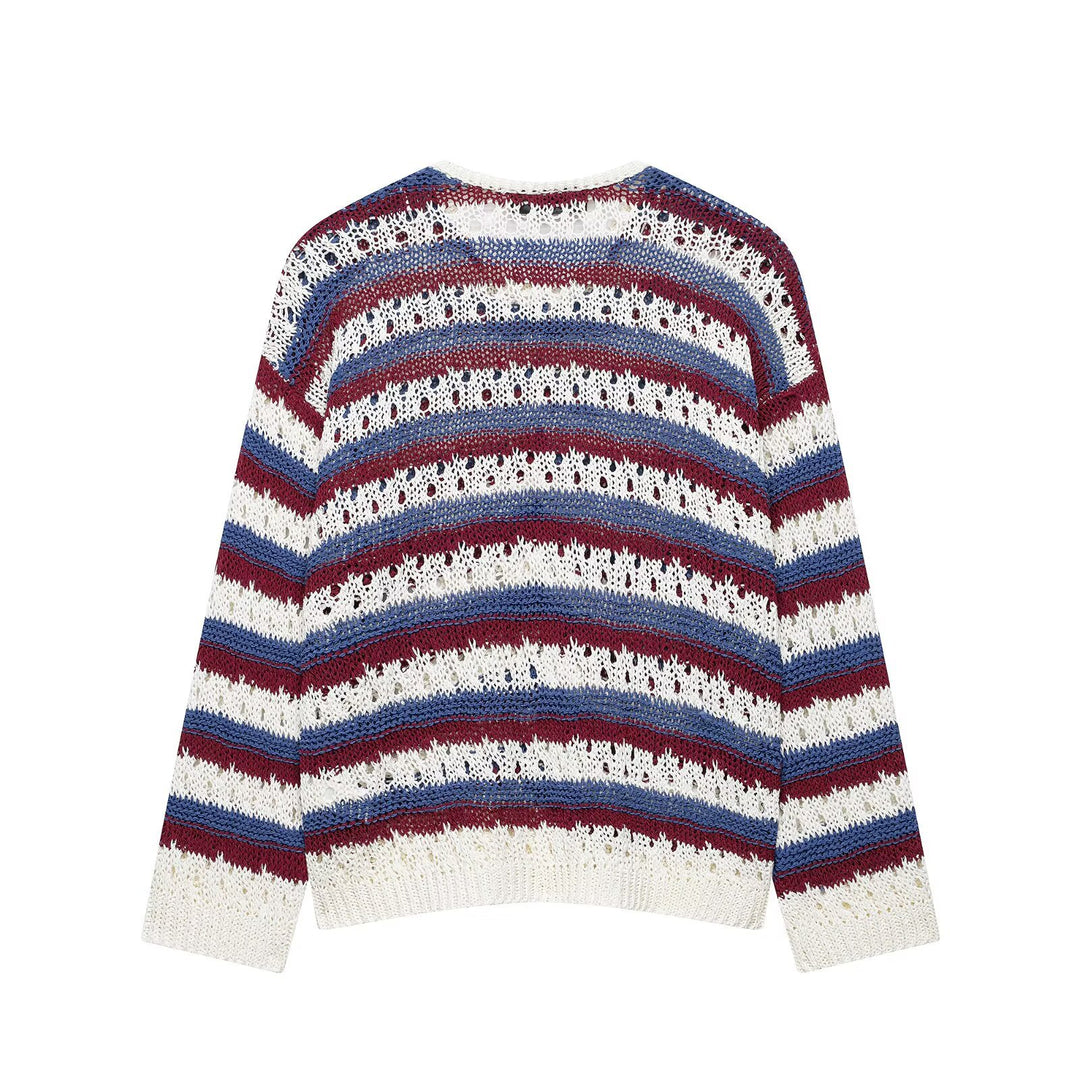 Damen gestrickte Cardigan im Ajour‑Streifenmuster mit Knopfleiste und Rundhalsausschnitt Drune