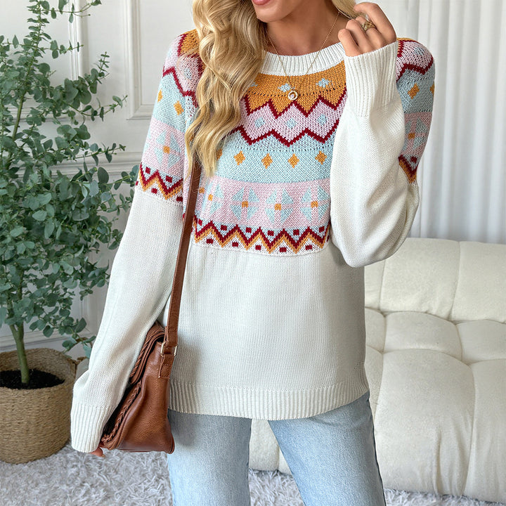 Damen Gemusterter Strickpullover mit Rundhalsausschnitt und Fair-Isle-Motiv Drune