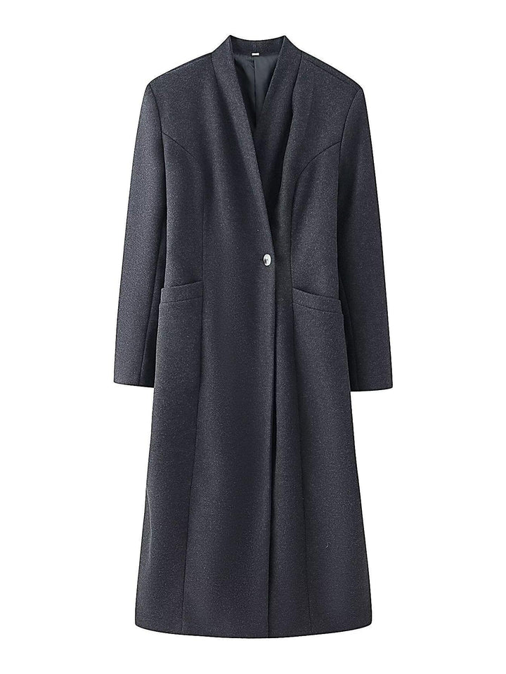 Damen Eleganter Wollmix-Langmantel mit schalkragenloser Optik und Ein-Knopf-Verschluss Drune