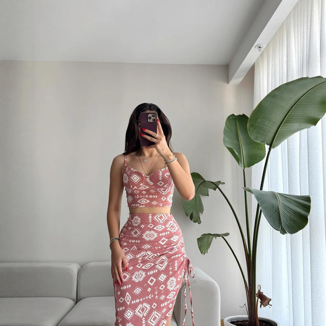 Damen Set aus Crop-Top und Knielangem Rock mit Raffungen Drune