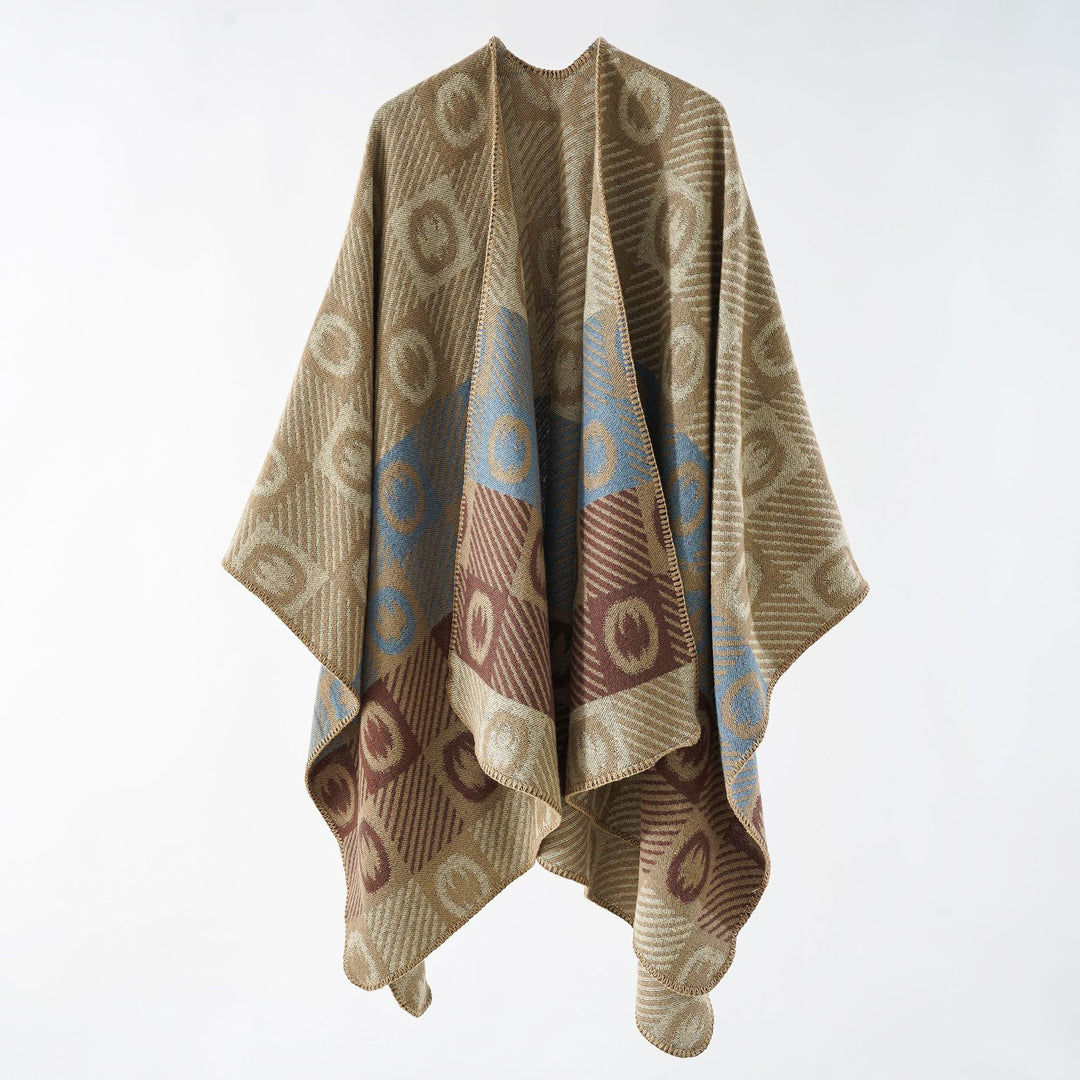 Damen Jacquard-Wickelponcho aus feinem Strick mit grafischem Kreis-Jacquard und offener Kimono-Silhouette Drune