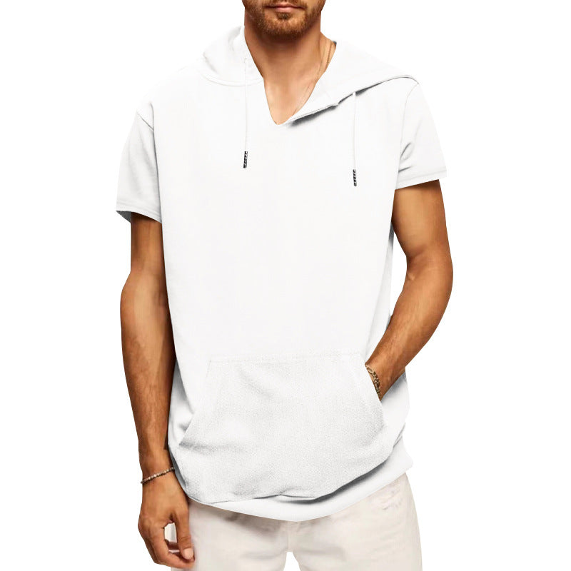 Herren nan lässiges kurzärmeliges Kapuzen-Shirt im weiten Schnitt mit Kängurutasche und Kordelzug Drune