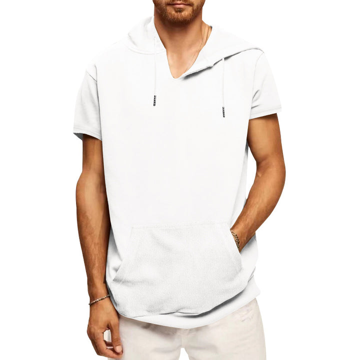 Herren nan lässiges kurzärmeliges Kapuzen-Shirt im weiten Schnitt mit Kängurutasche und Kordelzug Drune